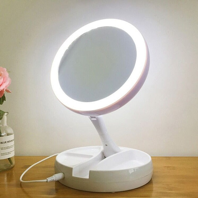 Portable Makeup Mirror with LED Light Round Shape Desktop Natural Light Magnifying Mirror Double Sided Backlit Mirrors