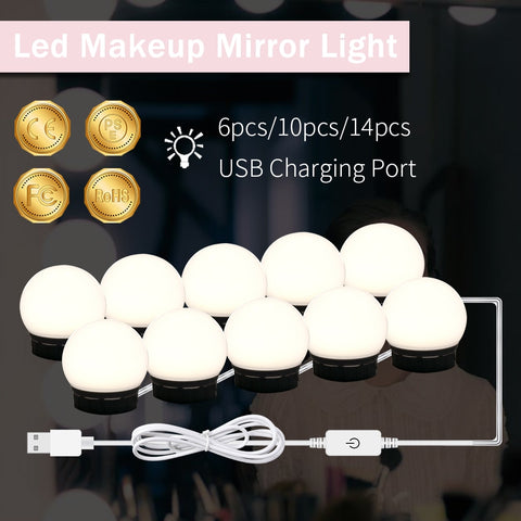 WENNI LED Mirror Lights Hollywood Makeup Vanity Table Lamp USB LED Wall Lamp Mirror Bulb Stepless Dimmable LED Dressing Light